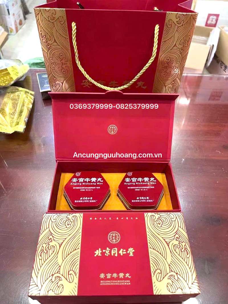 an cung ngưu hoàng đồng nhân đường hộp quà biếu 2 viên hộp thiếc